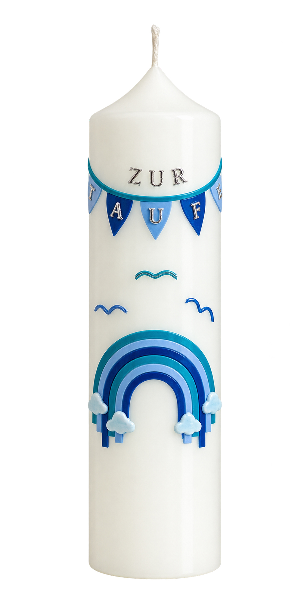 Taufkerze 583,  mit Wimpel und Regenbogen, 250 x 70 mm, blau