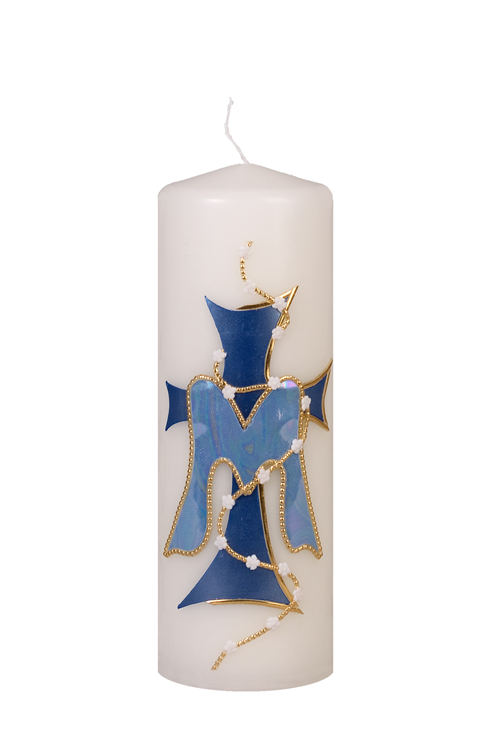 Marientischkerze Nr. 63 in 200 x 68 mm mit Wachsauflage: Kreuz, M und Rosenkranz
