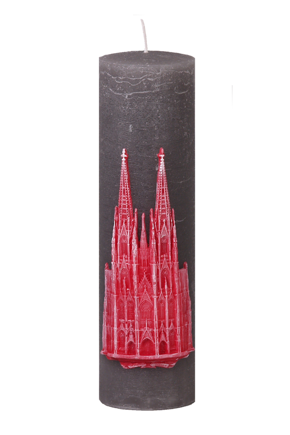 Rustic-Kerze grau mit Wachsauflage Kölner Dom in rot